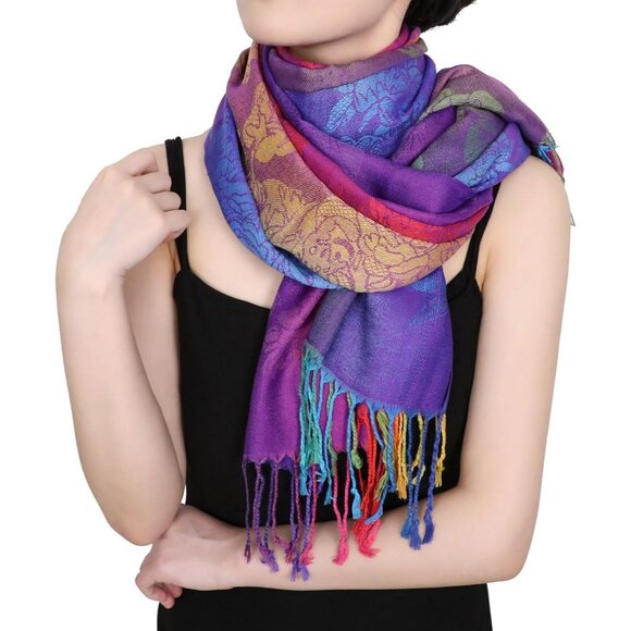 Colorful Flowers Jacquard Cotton Pashmina Women’s Wrap Shawl with Tassels Scarf - Picture 3 of 8